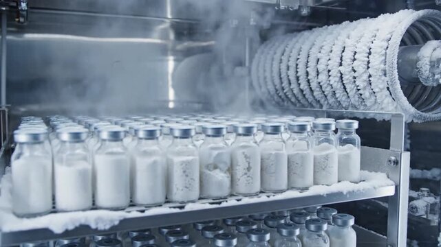 Medium shot of pilotscale lyophilization process showcasing vials on shelves inside a freeze dryer during the icesublimation phase with visible frost buildup