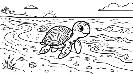 Turtle walking on sandy beach shore. © Kebo