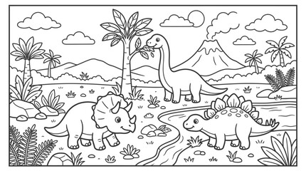 Dinosaur Trio in Prehistoric Landscape Scene. © Kebo