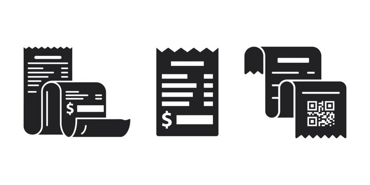 Solid black receipt bill invoice payment vector icon set