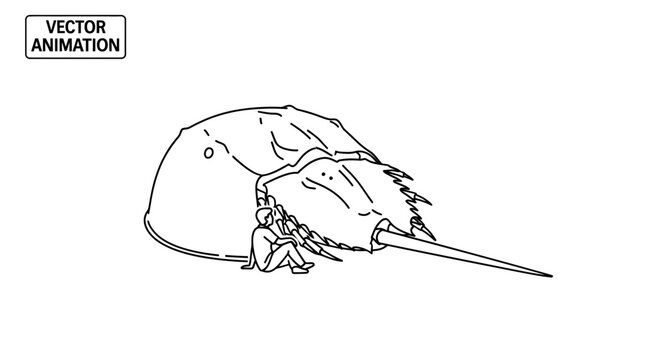 Human observing a giant ancient horseshoe crab in a minimalist vector animation illustration