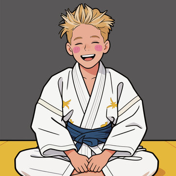 Young boy sitting on a mat with a big smile after practicing martial arts at a gym during afternoon training session