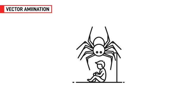 Stylized illustration of intense arachnophobia fear with a person cowering below a large spider
