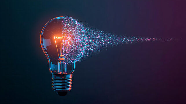 Creative glowing light bulb transforming into digital particles, innovation technology concept