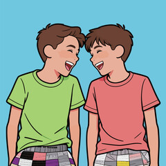 Obraz premium Two boys laugh together while wearing colorful shirts against a blue background during a casual moment