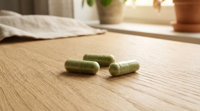 plant based nutrition capsule Three green herbal capsules on a wooden surface near a window.