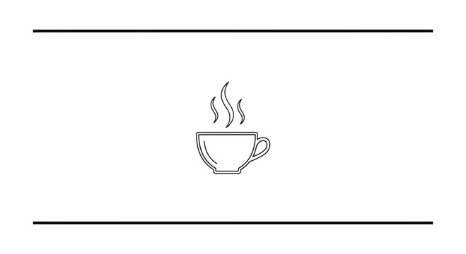 Clean minimalist line art depicting a steaming hot beverage cup, versatile vector graphic for
