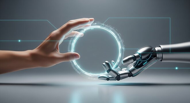 A human hand and a robotic hand reach toward a glowing circular digital interface representing artificial intelligence and human collaboration.