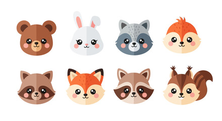 Fototapeta premium Cute cartoon animals faces including bear, rabbit, raccoon, squirrel, fox, and chipmunk in a digital illustration.