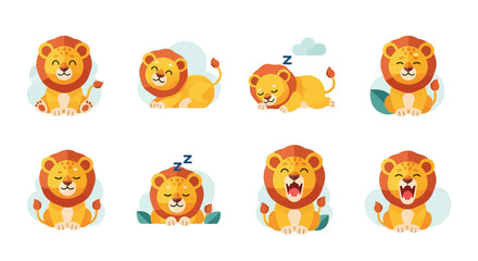 Fototapeta premium A group of lions are playing and resting in a savannah environment with various expressions.