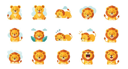Obraz premium Various cartoon lion faces and expressions are shown in a collection