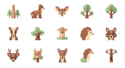 Fototapeta premium Woodland creatures and trees illustration set with deer, fox, hedgehog, and forest elements
