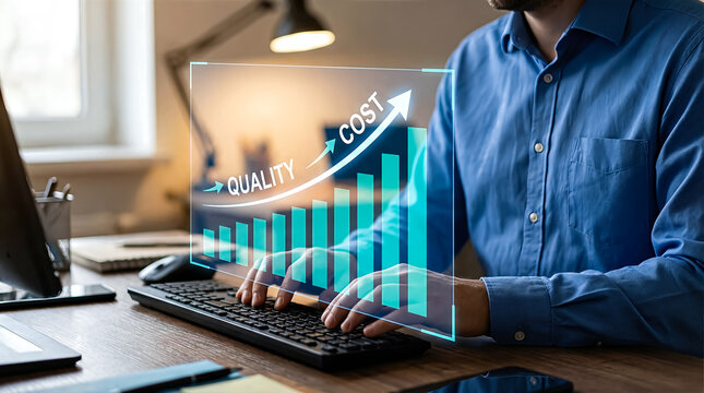 Businessman working on computer with holographic business growth chart showing quality and cost increase