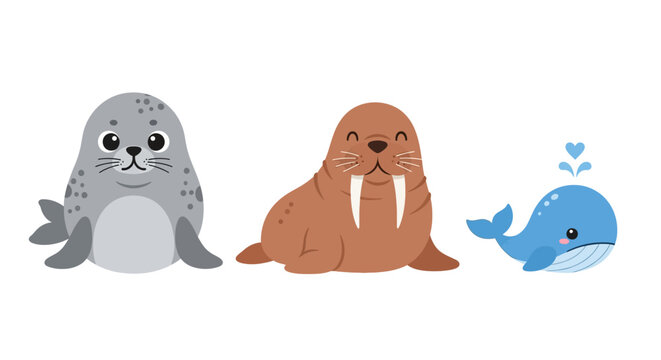 Cartoon animals seal, walrus, and whale are sitting together outside.