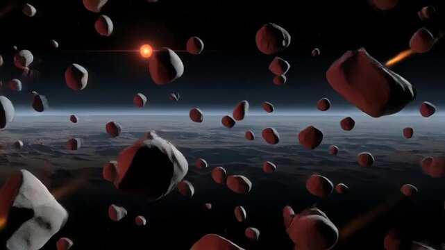 exploding planet in space with debris and asteroids flying by