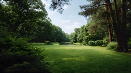 Naklejka premium A serene park landscape with lush green grass and dense trees under a bright blue sky