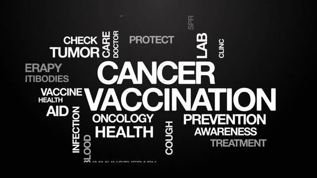 cancer vaccination concept Animated Tag Word Cloud kinetic typography, Text Design Animation typography seamless loop video motion graphics Intro Wordart white type on black background backdrop bg