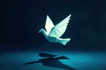 Fototapeta premium Paper crane soars with wings spread wide over a dark surface