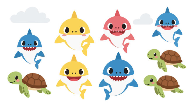 Colorful cartoon sharks and turtles swim together in ocean scene