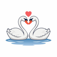 Fototapeta premium Romantic Two White Swans Forming Heart Shape With Floating Red Heart Vector Illustration