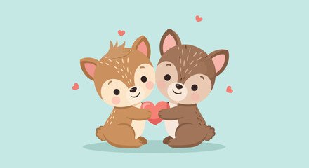 Fototapeta premium Cute cartoon foxes holding a heart on a pastel background