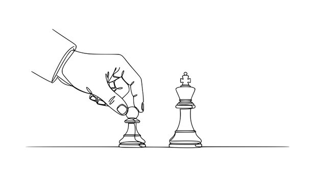 Minimal hand moving pawn to king checkmate line art vector illustration