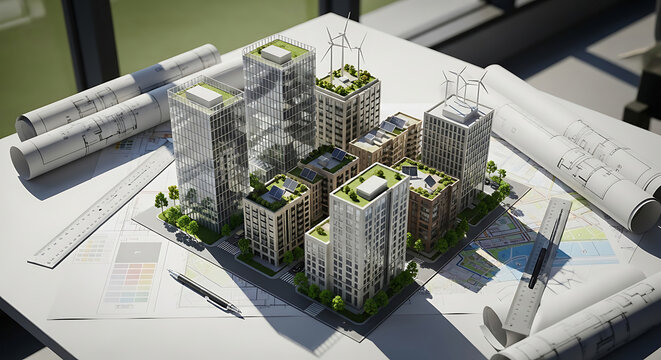 Architectural model of modern city with green buildings and renewable energy