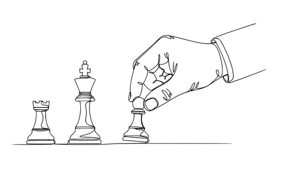 Continuous one line drawing hand holding pawn checkmate strategy vector illustration