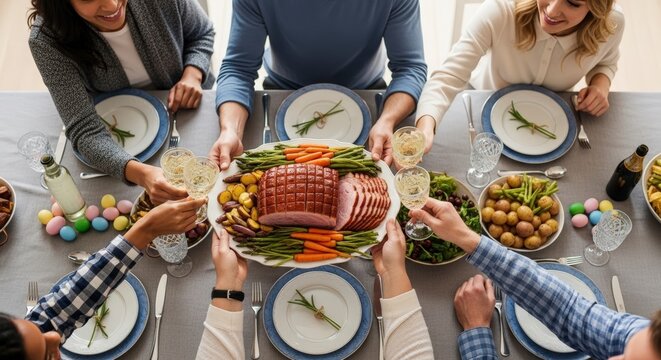 Family gathering around holiday dinner table.