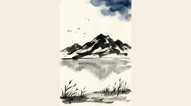 Traditional Japanese Sumi-e Ink Wash Painting of a Serene Mountain Landscape with Lake Reflection, Minimalist Zen Art Style with Calligraphy Brush Strokes and Clouds for Oriental Decor