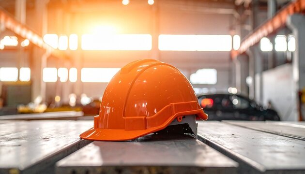 "A bright orange construction safety helmet placed on a flat surface inside a large industrial warehouse. The background features structural beams, wide windows streaming sunlight, and an overhead cra