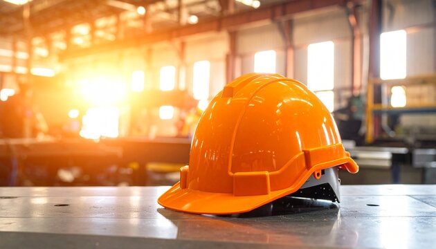 "A bright orange construction safety helmet placed on a flat surface inside a large industrial warehouse. The background features structural beams, wide windows streaming sunlight, and an overhead cra