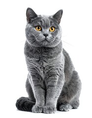 Obraz premium A gray cat with yellow eyes sits on a white background