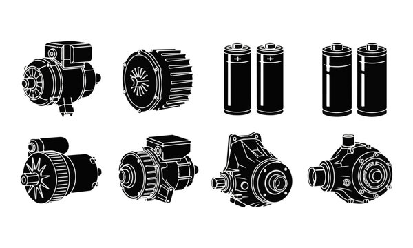 Black Vector Icon Set of Electric Motors, Alternators, Pumps, and Batteries Isolated