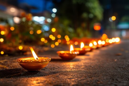 Vibrant Oil Lamps Illuminating Pathway During Tihar Festival in Nepal at Night