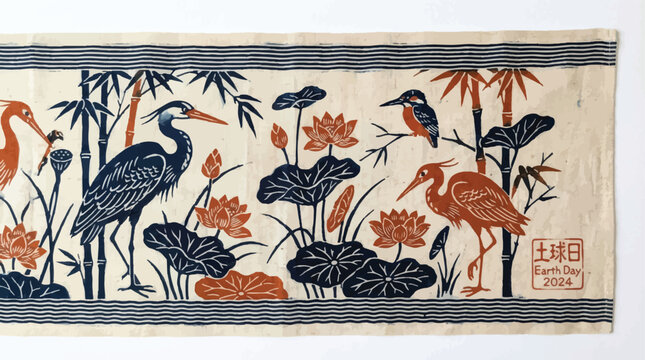 Vintage Japanese woodblock style vector, traditional heron and kingfisher birds in bamboo forest, Earth Day 2024 oriental ink painting banner