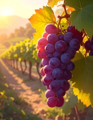 Fototapeta premium A serene vineyard scene at sunset featuring a lush bunch of purple grapes