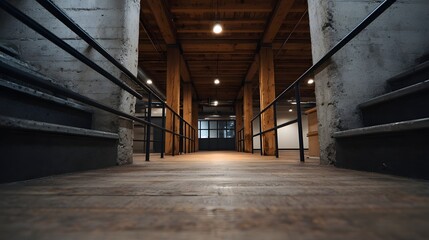 Obraz premium Perspective view down a spacious industrial loft hallway featuring wooden floors exposed beams and concrete pillars