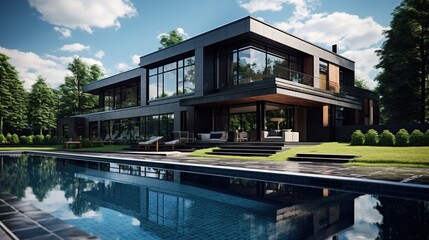 Fototapeta premium Modern Luxury Home with Pool and Lush Garden