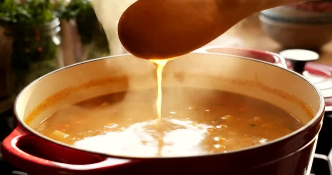 Hearty stew being stirred with spoon.