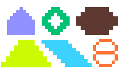 Fototapeta premium A colorful arrangement of six geometric pixel shapes on a white background, featuring various bright hues and pixelated textures