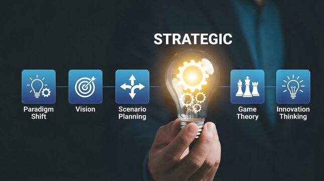 Hand holds glowing light bulb with gears symbolizing strategic business thinking planning and innova