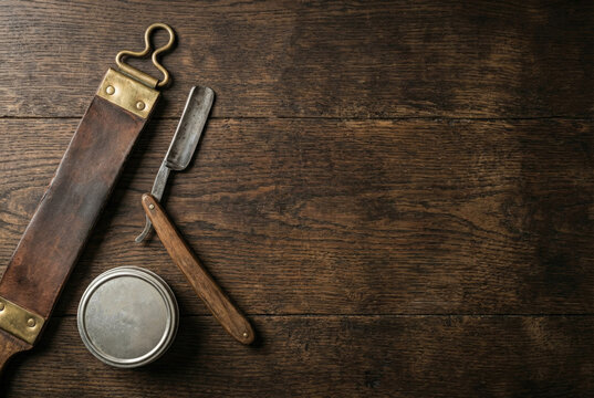 Barbershop still life with straight razor, leather strop and grooming soap on rustic wood. Antique barber tools, retro style, masculine theme.
