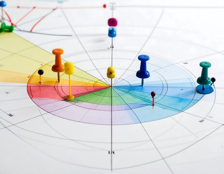 A colorful pinboard with multicolored pins and sections