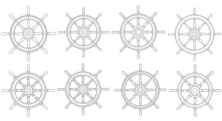 Obraz premium Set of eight ship steering wheels, nautical design, maritime vector illustration