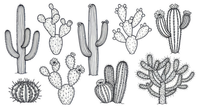 Hand-drawn Desert Cactus Collection - Various Spiky Succulents