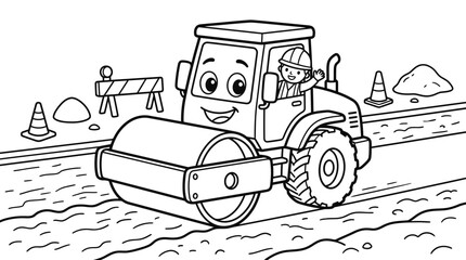 Smiling cartoon road roller machine. © Pidi