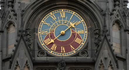 Obraz premium Closeup of an ornate clock face on a historic building facade.