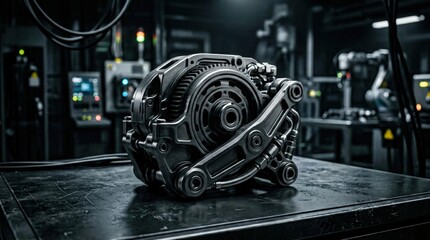 Fototapeta premium Close-up of a mechanical component on a workshop table, surrounded by industrial machinery and tools