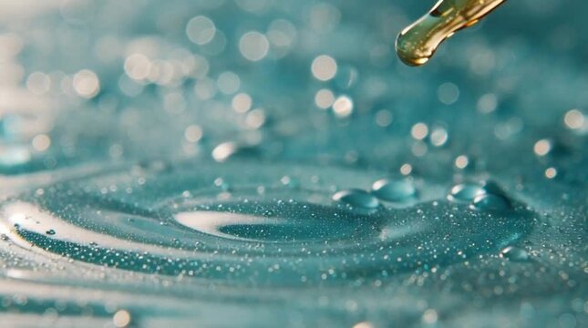 A dropper releasing a single golden drop into rippling water.